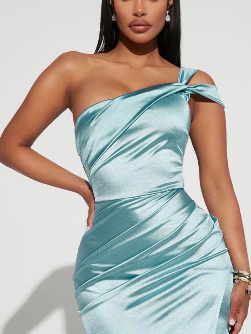 Fashion nova Anna One-Shoulder Satin Ruched Dress in Blue